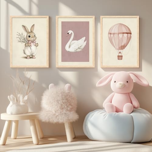 Hianan Wood Framed Pink Cute Bunny Nursery Wall Art Set of 3, 12x16 in - color: Bunny(Wood), size: 16"L x 12"W