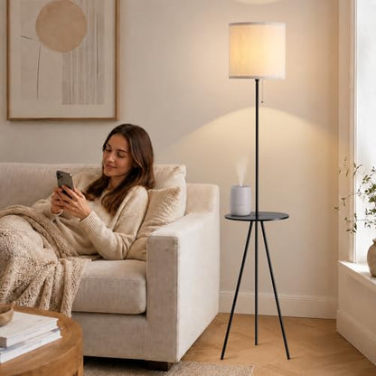 Floor Lamp with Table Attached, Linen Shade, Standing Lamp for Living Room - color: Black