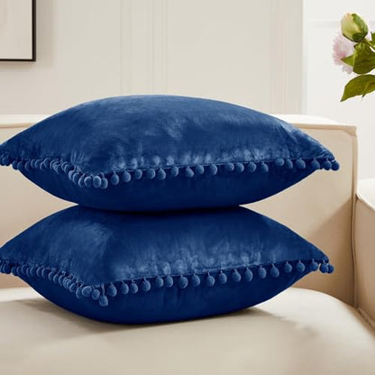 Deconovo Velvet Throw Pillow Covers, Set of 2, 16” x 16” Navy, Square Pom-poms Hidden Zipper Cover for Living Room - color: Navy, size: 16" x 16" (Pack of 2)
