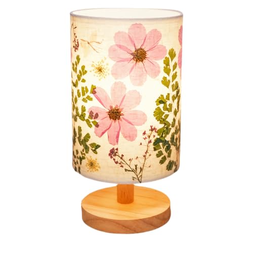Dried Flowers Small Table Lamp 5W LED 3-Color Bedside Lamp Pressed Flowers Lampshade with Wood Base for Bedroom Living Room Desk Nursery - color: Flower-3-Color