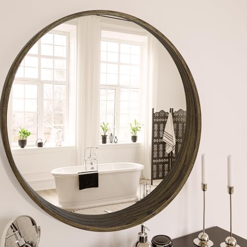 Round Oak Solid Wood Mirror, 24-Inch, Walnut Narrow-Top Wide-Bottom Frame, Modern Decorative Makeup Mirror for Bathroom, Bedroom, Living Room(Walnut, 24" x 24") - color: Walnut(wide-bottom)