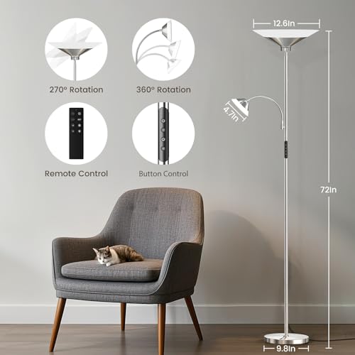 SIBRILLE Metallic Sliver Torchiere Floor Lamp, 2 Way 72'' Dimmable LED Standing lamp with Rmote, Multi Color Temps, 34W Tall Light with Independent Control for Living Room Bedroom Office Reading ﻿ - color: Metallic Sliver