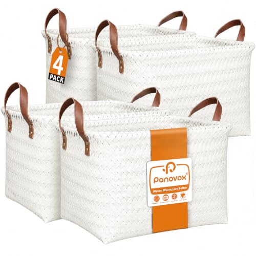 Wicker Storage Baskets, 4 Pack Woven Baskets for Shelves, White - color: Rectangle White