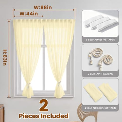 Beige Gauze Curtains Sheer Self-Adhesive, Translucent Privacy Panel, Fold-Up Portable Curtain No Drill (44" W x 63" L,Beige,2 Panels) - color: Beige, size: 44"W x 63"L (Pack of 2)
