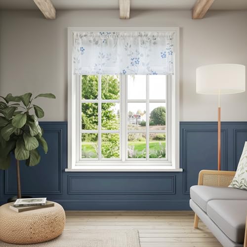 Beauoop Linen Floral Semi Sheer Valance Curtains Kitchen Blue Grey 52x18x1 - color: Rod Pocket | Blue and Grey, size: 50"W x 18"L (Pack of 1)