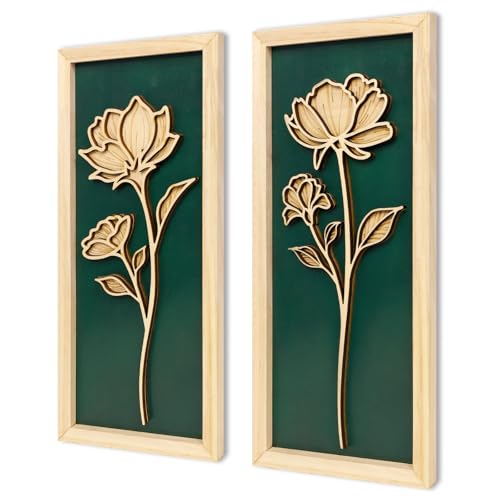 KOYILTD 2pcs 3D Green Wall Art Floral Wall Decor Boho Framed Bathroom Art - style: 2huahuilvqiang-Boho