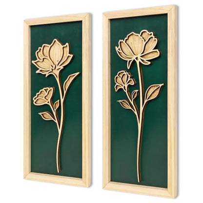 KOYILTD 2pcs 3D Green Wall Art Floral Wall Decor Boho Framed Bathroom Art - style: 2huahuilvqiang-Boho