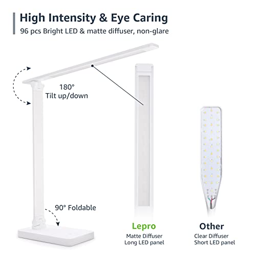 Lepro LED Desk Lamp with USB Charging Port for Dorm Room, 700LM 9.5W, White - color: White