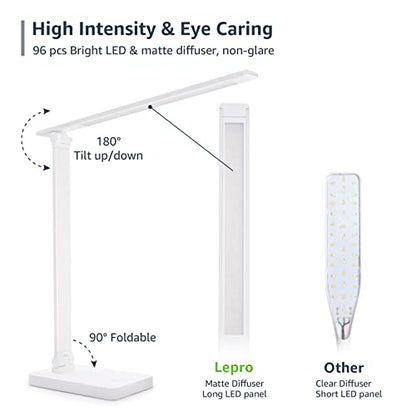 Lepro LED Desk Lamp with USB Charging Port for Dorm Room, 700LM 9.5W, White - color: White