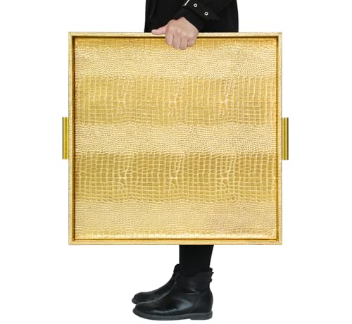 HofferRuffer Extra Large Square Serving Tray, Elegant Faux Leather Ottoman Tray with Gold Hardware Handles, Serve Tea, Coffee or Breakfast in Bed, 24 x 24 inches (Gold, 24" x 24" x 2") - color: Gold, size: 24" x 24" x 2"