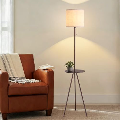 Floor Lamp with Table Attached, Linen Shade, Standing Lamp for Living Room - color: Brown