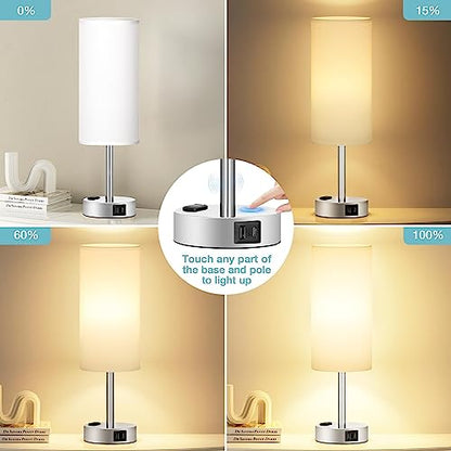 Fenmzee White Bedside Lamp for Bedroom, Dimmable Touch, USB A+C, AC Outlet - color: White - Silver, size: 14"