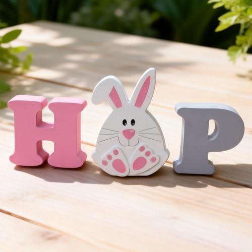 Easter Bunny Decor HOP Sign - Decorations for Home Wooden Tiered Tray Decor Block Letters Tabletop Cutout Word Decor with Bunny Ears Cute Farmhouse Coffee Bar Accessories, Funny Decorations for Bedroom Living Room Shelf Table