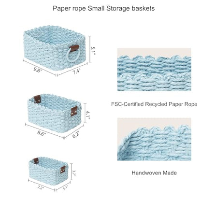 Woven Paper Rope Wicker Basket for Organizing(Set of 3,Blue) - color: Sky-Blue