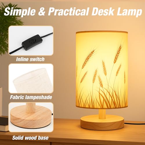 Desk Lamp LED Bulb Included, Small Bedside Table Lamp Plug-in - Classic Wood Base with Flaxen Fabric Shade, Lamps for Night Stands, Simple Nightstand Light for Bedroom, Office, Desk - color: Wheat Ear