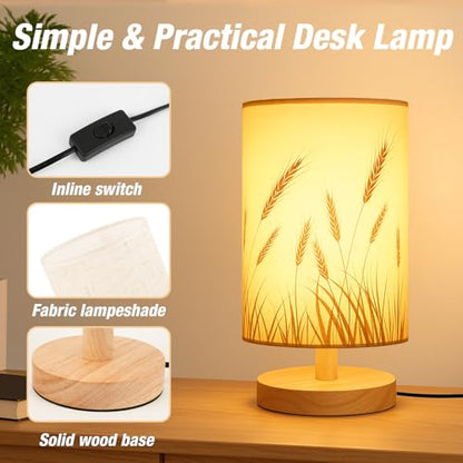 Desk Lamp LED Bulb Included, Small Bedside Table Lamp Plug-in - Classic Wood Base with Flaxen Fabric Shade, Lamps for Night Stands, Simple Nightstand Light for Bedroom, Office, Desk - color: Wheat Ear
