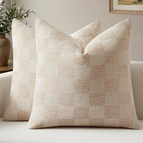 a moment Set of 2 Decorative Linen Throw Pillow Covers,Large Grid Textured Neutral Boho Farmhouse Cushion Covers,Soft Aesthetic Pillowcases for Couch Sofa Living Room Home Decor,16x16 Inch,Natural - color: Natural, size: 16" x 16" (Pack of 2)