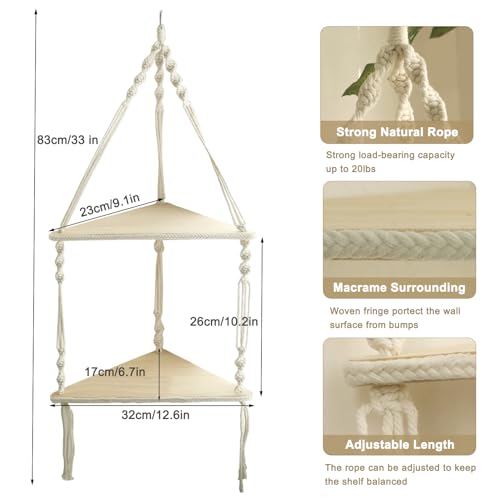 Artilady Corner Shelf Macrame Wall Hanging, Boho Wood Storage Wall Decor - color: Beige - 2 Tier