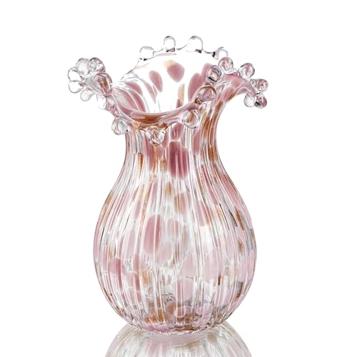 QFkris Hand Blown Glass Vase, Modern Art Flower Vase with Pink Petal Decor - color: Pink Bubble