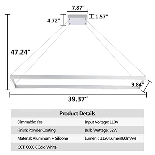 Modern LED Chandelier Linear Rectangle,Pendant Light,Silver 39.4"