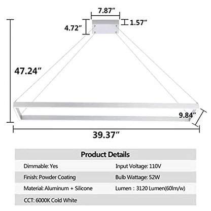 Modern LED Chandelier Linear Rectangle,Pendant Light,Silver 39.4"