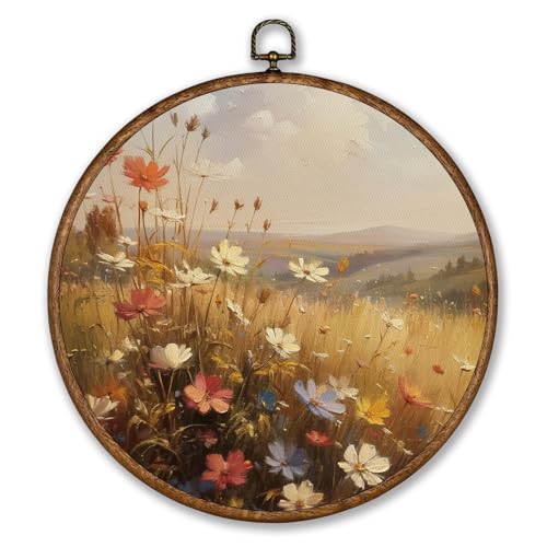 Voxitura Vintage Fall Wildflower Field Wall Art Round Framed, Farmhouse Landscape Wall Decor Canvas Hanging Living Room, Rustic Autumn Prints Artwork Decorations for Bedroom Thanksgiving 10x10in - color: Fall Wildflowers