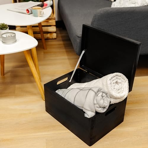 Creative Deco Large Black Wooden Box Storage with Hinged Lid - color: Black, size: XXL | Handles