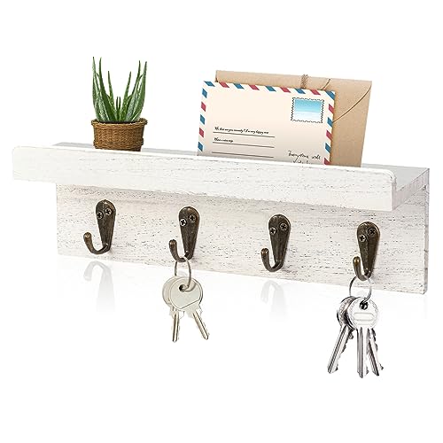 Key Holder Wall Mount, Farmhouse Wall Shelf with 4 Hooks for Entryway - color: White
