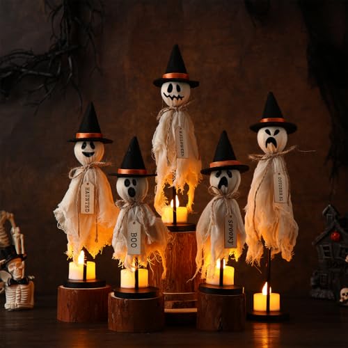 VioraWhite Set of 5 Halloween Primitive Ghost Indoor Decorations with Hat