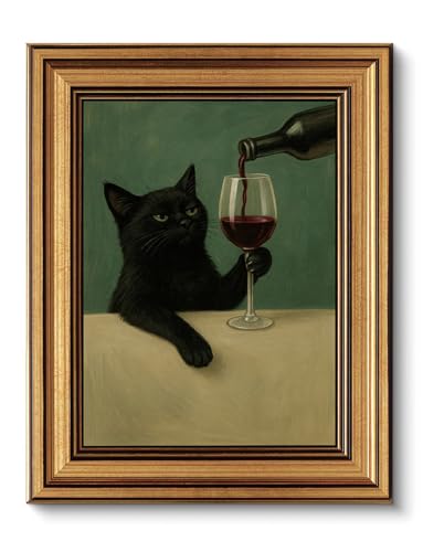 Vintage Gold Framed Wall Art Eclectic Black Cat with Wine Glass Prints - color: Drinking cat, size: 8"x10"