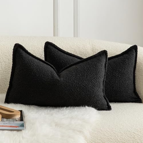 MANDIOO Pack of 2 Decorative Throw Pillow Covers Accent Solid Woven Textured Cushion Covers Pillow Cases Bedroom Living Room Sofa Home 12 x 20 Inch Black - color: Black, size: 20" x 12" (Pack of 2)