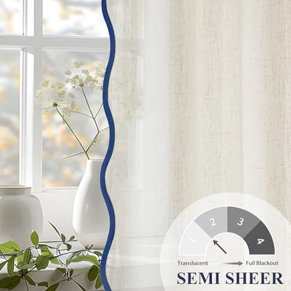 DriftAway Semi Sheer Scalloped Edge Linen Coastal Beach Window Curtains for Living Room Bedroom 2 Panels Rod Pocket Each Size 52 Inch by 72 Inch Navy - color: Linen Navy, size: 52"W x 72"L (Pack of 2)