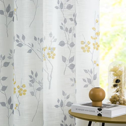 Beauoop Floral Linen Semi Sheer Curtains Living Room Yellow Grey 50x54x2 - color: Grommet | Yellow and Grey, size: 50"W x 54"L (Pack of 2)