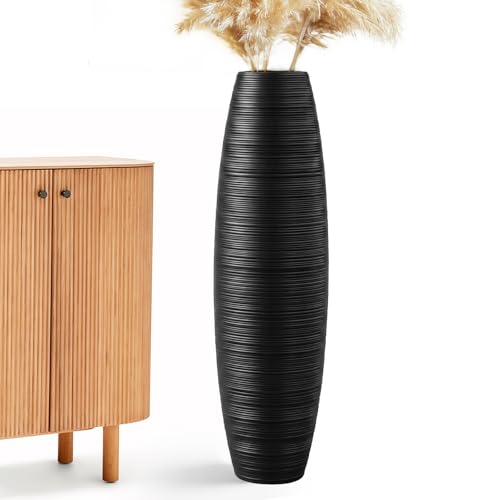 Large Floor Vase 35.4" Matte Black, Resin Wide-Body Vase with Horizontal Ribbed Texture for Dried Pampas Grass Branches, Modern Home Decor for Living Room Corner Entryway - color: Black, size: 35.43 in