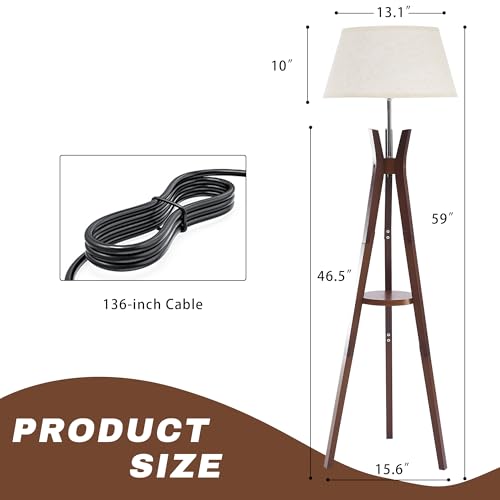 Tripod Floor Lamp with Shelves, 59'' Standing Lamp for Bedroom - color: Walnut