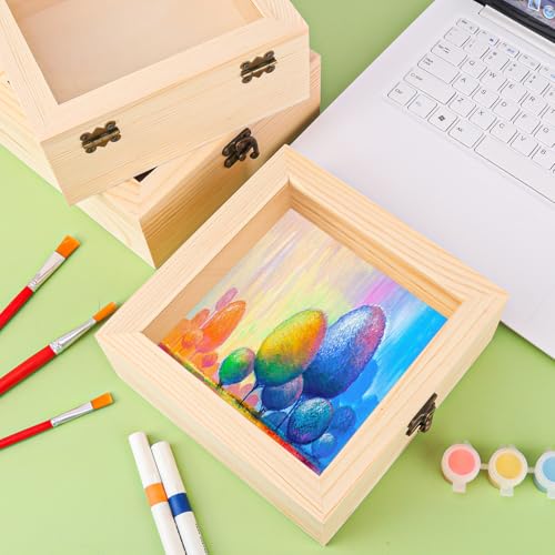 6 Pack Wood Box with Glass Lid, 7.09 x 7.09 x 2.76 inch Wooden Display Box with Hinged Lid for DIY Craft, Collectibles - size: 6 Pack 7.09 x 7.09 x 2.76 inch