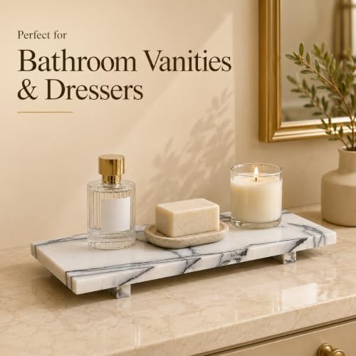 White Marble Pedestal Tray, 13.8-Inch Organizer for Bathroom Counter - color: Snow Plum Marble-13.8 in