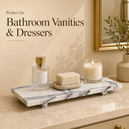 White Marble Pedestal Tray, 13.8-Inch Organizer for Bathroom Counter - color: Snow Plum Marble-13.8 in