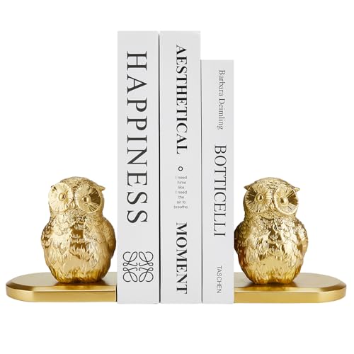 Book Ends, Bookends Gold Owl Bird, Kids Rooms, Non-Skid Bookend, Heavy Duty Resin Book Stopper for Books, Bookends for Shelves, Decorative Holder, Gift for Women, 9.05 * 3.7 * 4.72'' Gold