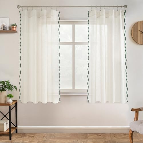 DriftAway Semi Sheer Scalloped Edge Linen Coastal Beach Window Curtains for Living Room Bedroom 2 Panels Rod Pocket Each Size 52 Inch by 63 Inch Loden Green - color: Linen Loden Green, size: 52"W x 63"L (Pack of 2)