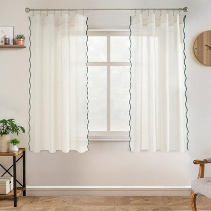 DriftAway Semi Sheer Scalloped Edge Linen Coastal Beach Window Curtains for Living Room Bedroom 2 Panels Rod Pocket Each Size 52 Inch by 63 Inch Loden Green - color: Linen Loden Green, size: 52"W x 63"L (Pack of 2)