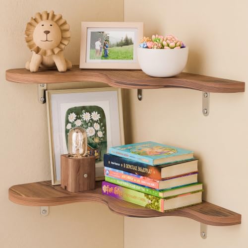 Cute Cloud Corner Shelves - Set of 2 Brown Wooden Floating Corner Shelves Wall Mounted, 90-Degree Space-Saving Nursery Shelves with Brackets, Kids Room Decor for Bedroom,Living Room,Bathroom - color: A-brown Cloud Corner Shelves, size: 2-Tier
