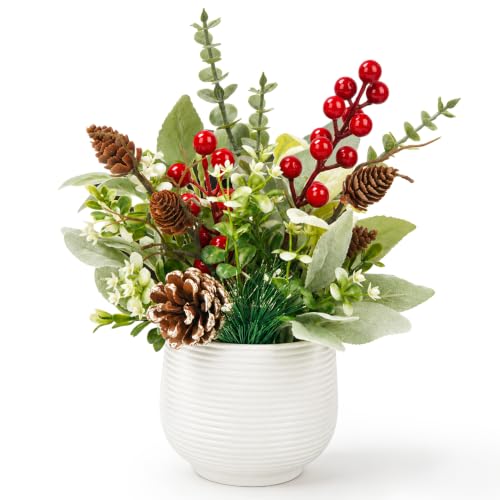 Der Rose Christmas Centerpiece for Tables, Small Fake Plants in White Pot - color: Red