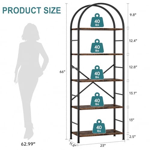Shintenchi Bookshelf, Arched Bookshelf 5 Tier Bookcase, Tall Shelf for CDs/Books, Home Office Shelf Storage Organizer, Modern Book Shelf for Bedroom/Living Room, Rustic Brown - color: Rustic Brown, size: 5 Tier