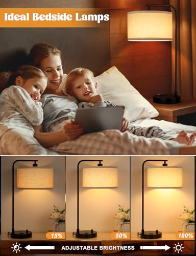 20.7" Tall Table Lamp with USB & Outlet, Fully Dimmable Nightstand Lamp - color: A-Beige Shade & Black Base