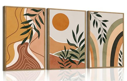 Boho Sun Leaf Abstract Framed Canvas Wall Art Set of 3, 12x16 inch - color: Sun Leaf, size: 12"x16"Natural