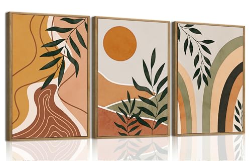 Boho Sun Leaf Abstract Framed Canvas Wall Art Set of 3, 16x24 inch - color: Sun Leaf, size: 16"x24"Natural