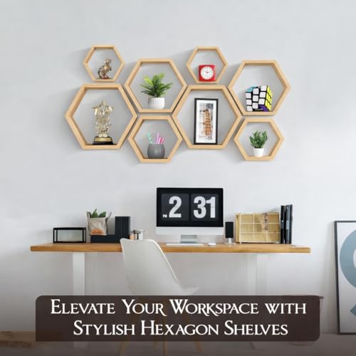 Hexagon Floating Shelves Set of 8 Honeycomb Shelves for Wall, Wooden Hexagon Shelves for Farmhouse Storage (Natural Wood) - color: Natural Wood