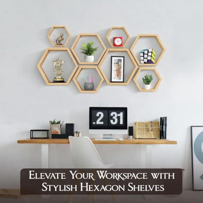 Hexagon Floating Shelves Set of 8 Honeycomb Shelves for Wall, Wooden Hexagon Shelves for Farmhouse Storage (Natural Wood) - color: Natural Wood