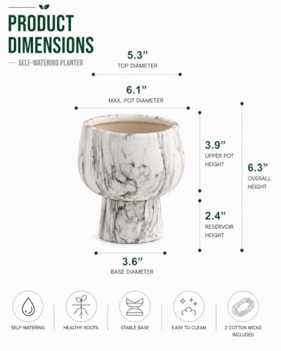 Self Watering Pots for Indoor Plants, 6 Inch Ceramic African Violet Pot - color: Marble 6″